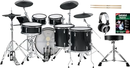 XDrum DD-670 PLUS Mesh E-Drum Kit - elektronisches Schlagzeug mit echter HiHat und Holzkesseln - 20 Kick-Pad - 720 Sounds - inkl. Hardware - Hocker, Kopfhörer, Sticks & Schule - Black Sparkle