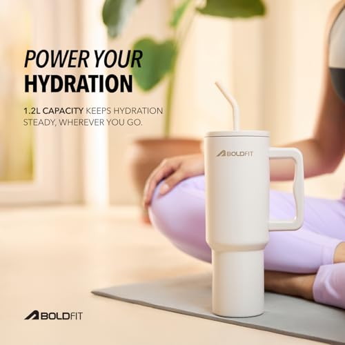 Image of Boldfit Tumbler Bottle with Lid and Straw 1.2L Stainless Steel Water Tumbler | Leakproof Travel Mug with Handle & Reusable Straw Sipper with Cleaning Brush 1200ml