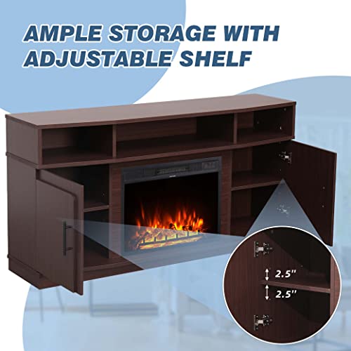 Fireplace Tv Stand With A 23'' Electric Fireplace Insert, Modern Entertainment Center With Storage Cabinet And Adjustable Shelves, Console For Tvs Up To 65'' For Living Room, Bedroom, Rustic Walnut #TOP2