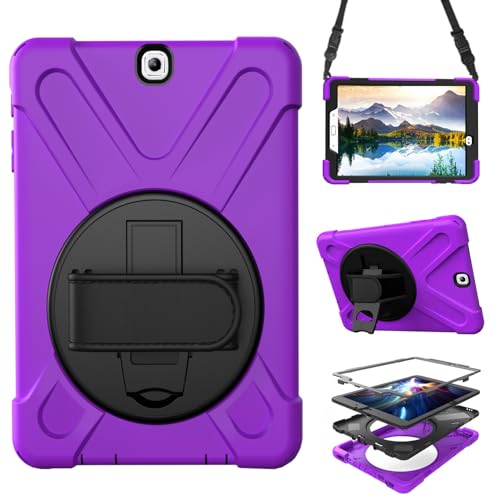Case for Samsung Galaxy Tab S2 9.7 2015 (SM-T810/T813/T815/T817/T818/T819),Portable Heavy Duty Dropproof Protective Cover Case with 360 Rotating Stand,Handle & Shoulder Strap,Stylus Pen (New Purple)