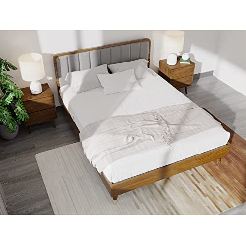 Dg Casa Geneva Mid Century Modern Upholstered Platform Bed Frame With Vertical Channel Headboard And Full Wooden Slats, Box Spring Not Required, Queen Size In Gray Faux Velvet Fabric #TOP5