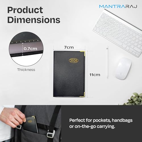 MantraRaj 2026 Week to View PVC Leather Effect Pocket Diary With Metal Corners Compact Planner with Hard Case Cover, Conversion Tables and Organizational Tools - 11cm x 7cm - Black - Image 2
