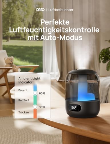Dreo Luftbefeuchter für das Schlafzimmer, Kaltnebel-Ultraschallgerät mit 30 Stunden Laufzeit, 3L Top-Fill-Tank, Feuchtigkeitssensor, Nachtlicht für Babys, Kinderzimmer, für Pflanzen und Zuhause