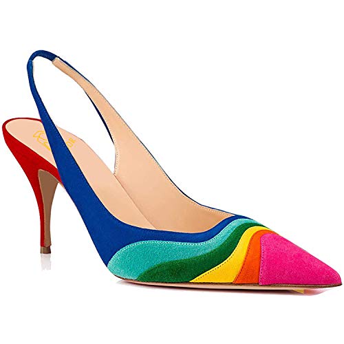 LEHOOR Women Rainbow Slingback Pumps Kitten Heels Pointed Toe Suede, Multicolor High Heel Pumps Stiletto Elastic Strap Closed Toe for Ladies Dress Party 5-13 M US3
