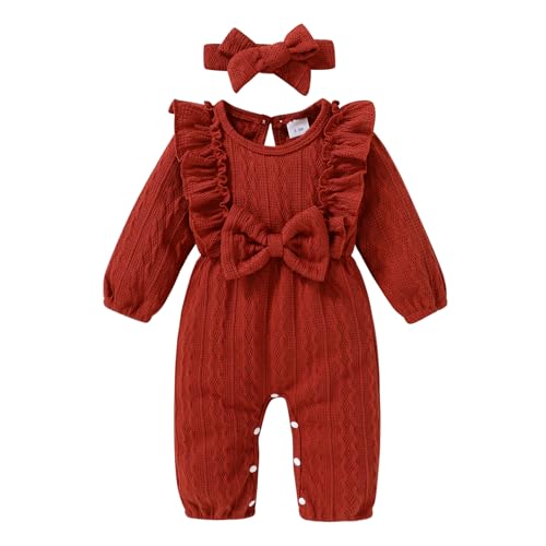 Image of Happy Town Baby Girl Romper Infant Fall Winter Clothes Ruffle Sweater Long Sleeve Bodysuit Jumpsuit and Headband