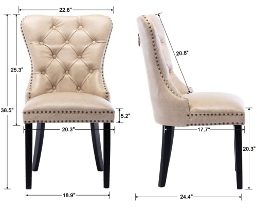 EALSON Modern Dining Chairs Set of 6 Mid Century Leather Dining Room Chairs with Wood Legs Tufted Upholstered Kitchen Side Chairs with Nail Head Trim for Dining Room/Living Room, Beige with Ring
