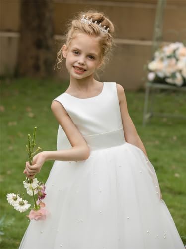 MCieloLuna Elegant Flower Girls Satin Tulle Princess Pageant Dress for Wedding Kids A-Line Pearls Ball Gowns with Bow3