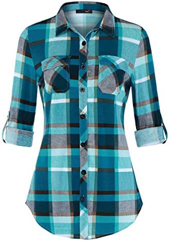 DJT Women's Roll up Long Sleeve Button Down Plaid Shirt Medium Turquoise