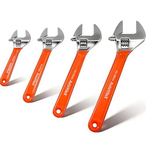 AutoViteX 4 Pcs Adjustable Wrench Set (6 8 10 12) - Drop Forged Steel Wide Jaw Adjustable Wrenches with Cushion Grip Laser-Etched SAE & Metric Scales for Plumbing Mechanics and Home Repairs