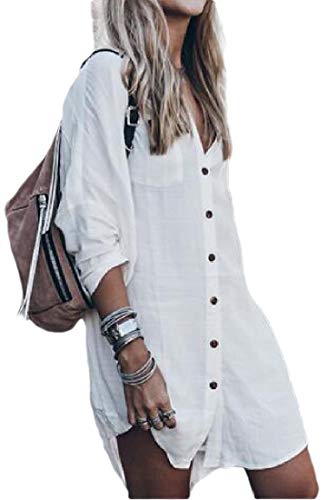 Jofemuho Vestido de praia feminino de manga comprida com botão de praia de algodão e saída de praia,