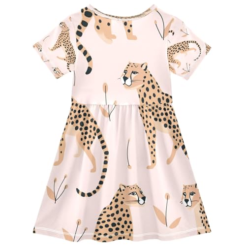 Bolaz Cheetah Leopard Girls Dress Short Sleeve Dress Casual Dresses 2-8Y2