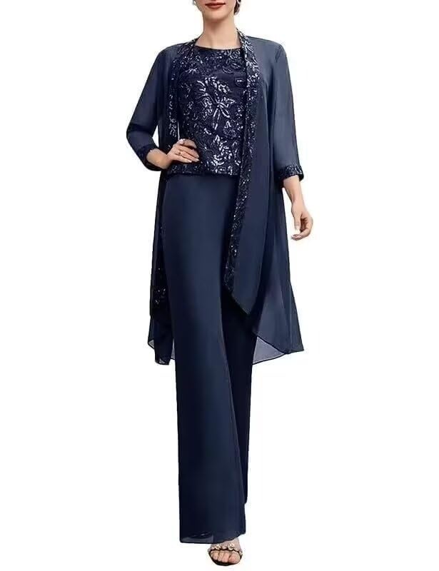 VK Selec 3 Pieces Mother of The Bride Pant Suits with Jacket 3/4 Sleeve Chiffon Pants Suits for Women