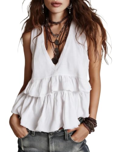Débardeur femme coton et lin col V style babydoll chic pour été