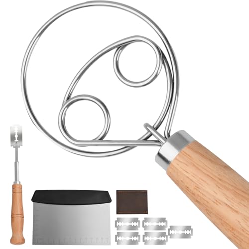 Danish Dough Whisk【Set of 3】Wooden Bread Whisk with Stainless Steel Hook, Dough Scraper & Lame Scoring Tool Blades - Sourdough, Pizza, Pastry Baking Supplies - Dutch Whisk & Dough Cutter Kit.