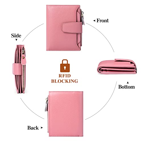 Image of FALAN MULE Women's Genuine Leather Wallet, Compact Size, RFID Blocking, 14 Slots, 2 Zippered Pockets, 2 Bill Compartments, Includes Coin Pouch, Card Holders, AY-Lichee Pink