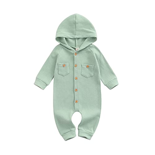 Image of Ynibbim Winter Newborn Baby Boy Girl Solid Romper Unisex Infants Hooded Outfit Clothes Waffle Cotton Button Jumpsuits