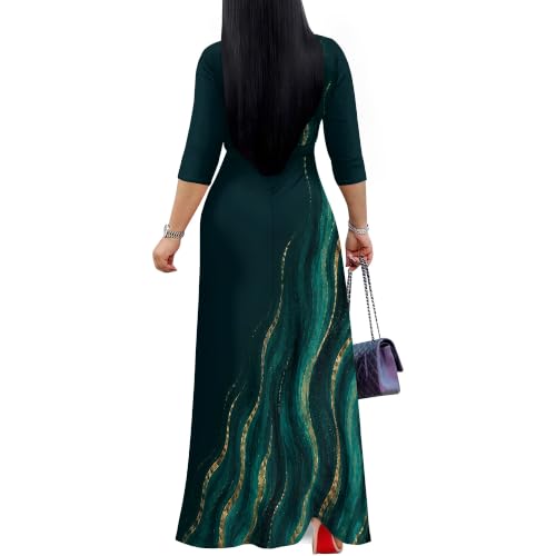Image of Plus Size Maxi Dress for Women V Neck 3 /4 Sleeve Wrap Dress Teal L | Teal Floral Women's Maxi Dress