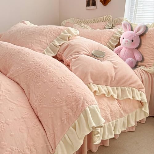 Mesnt Juego de ropa de cama doble de 4 piezas, diseño de flores con ribete de volantes, funda de edredón, sábana y 2 fundas de almohada, poliéster, rosa, estilo 1, 1,5 m - 200 x 230 cm