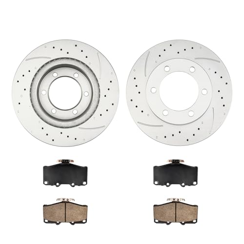Image of KAX Front Brake Kit, Drilled and Slotted Brake Rotors, Ceramic Brake Pads | Fits Toyota 4Runner 1997-2002, Toyota Tacoma 2004 3.4L, Toyota 4Runner 1996 3.4L 2.7L, Automotive Replacement Brake Kit