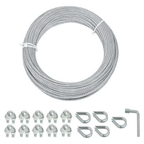 hannger Galvanized Steel Wire Rope Cable, 1/8” Galvanized Steel Cable with Rope Clamp and Thimble, 7X7 Strand Core Aircraft Cable Used for Anchored Shed, Fencing, Sunshade, Clothesline (50ft)