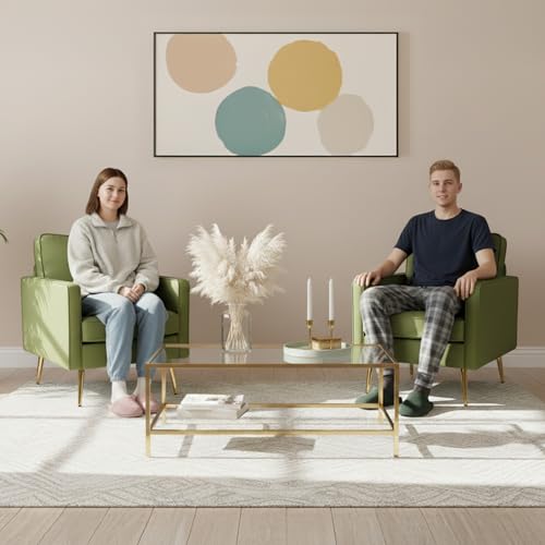Image of VINGLI Modern Accent Chair, Upholstered Faux Leather PU Armchair with Thick Cushion & Metal Legs, Comfortable Reading Chair for Living Room, Bedroom, Office, Green