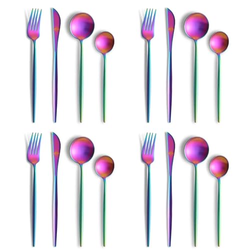 Image of aDai Rainbow Silverware Set | Satin Finish 16-Piece Stainless Steel Flatware Set | Dishwasher Safe Cutlery for Home, Restaurant & Gifting
