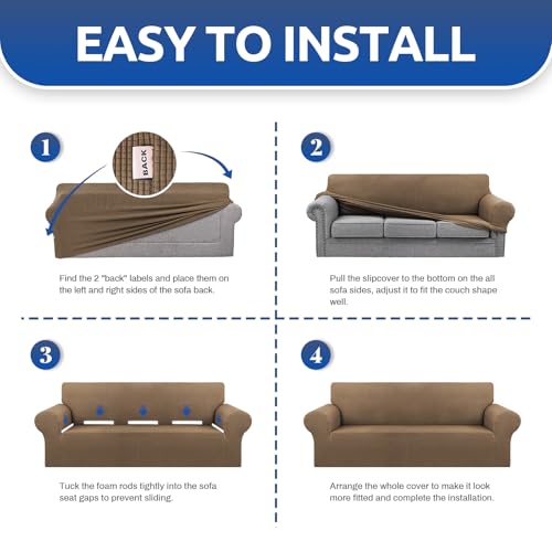 KEKUOU Stretch Single Sofa Slipcover 1 Piece Couch Sofa Cover (31"-55") Furniture Protector 1 Seater Sofa with Elastic Bottom for Kids,Pet.Jacquard Small Checked Pattern Fabric(Small,Camel)
