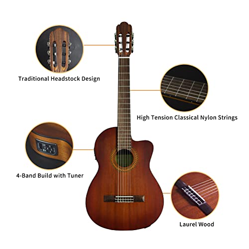 Tario 39 Inch Electric Classical Guitar Full Size Acoustic Guitar Mahogany Top Mahogany Back And Sides Okoume Neck Laurel Fingerboard Cherry Sunburst #TOP3