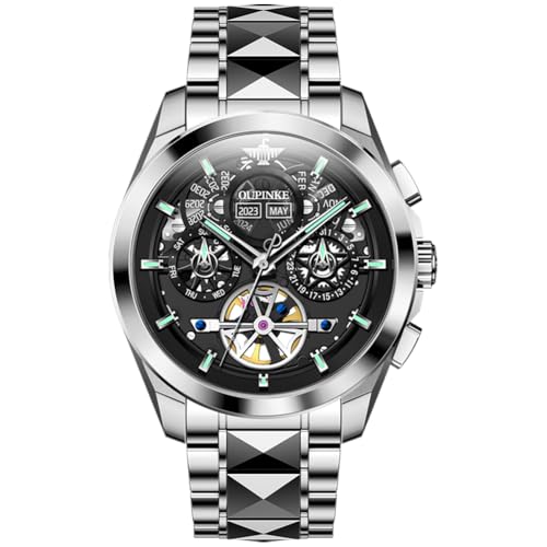 Image of OUPINKE Men Watch Automatic 5 Hands Multi Calendar Year /Month /Week /Date Mechanical 5ATM Waterproof Luxury Tungsten Steel Sapphire Crystal Wrist Watch for Men