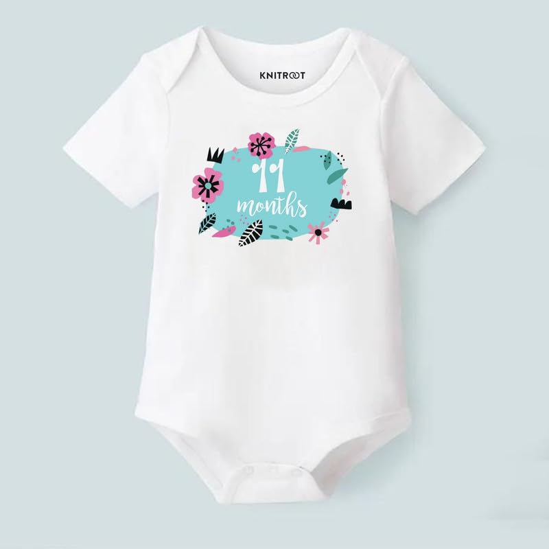 Image of KNITROOT Monthly Birthday Special Unisex Baby Romper Half Sleeve White Color