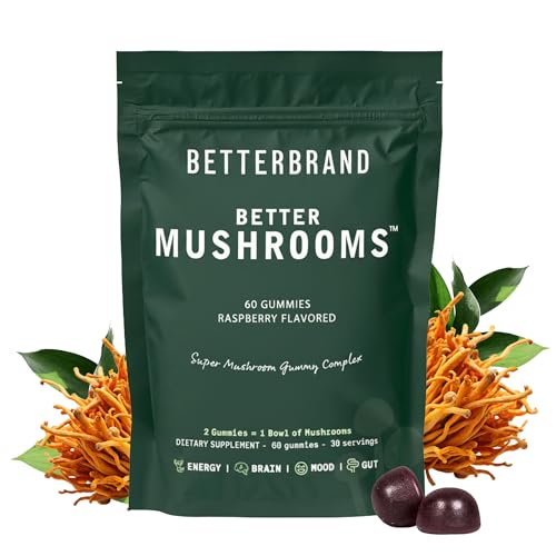 Betterbrand BetterMushrooms Nootropic Gummies - Supports Better Gut Health Cognitive Function Mental Clarity with 10 Functional Mushrooms - 60 Gummies - Raspberry Flavor - Pack of 1
