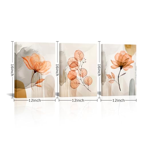 Image of NutArtPic Flower Canvas Wall Art Orange Floral Pictures Minimalist Neutral Wildflower Painting Prints for Home Decor 12''x16''x3pcs