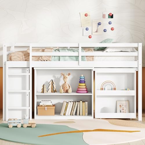 SOFTSEA Low Loft Bed with Pulling -Out Desk and Drawers, Loft Bed Twin Size with Shelf Cabinet, Twin Loft Bed with Stroage Case, White