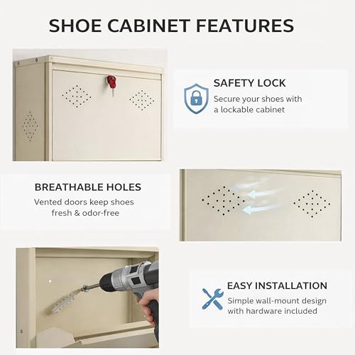 Image of Wall Mounted Shoe Rack - 4 Door, Metal Shoe Rack Cabinet with Doors | Covered & Dustproof | Space Saving Shoe Organizer for Home & Balcony (52 x 21 x 6 Inch, Ivory)