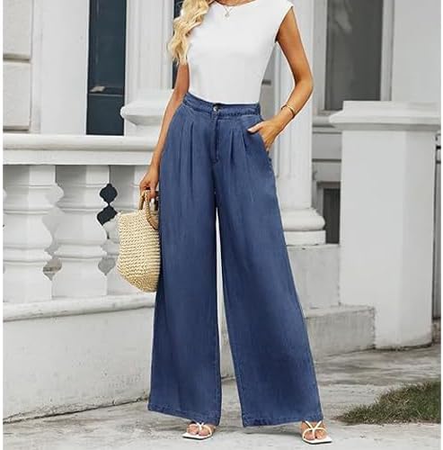 Women's Wide Leg Jeans High Waisted Elastic Waistband Casual Pants Suitable for Spring and Autumn