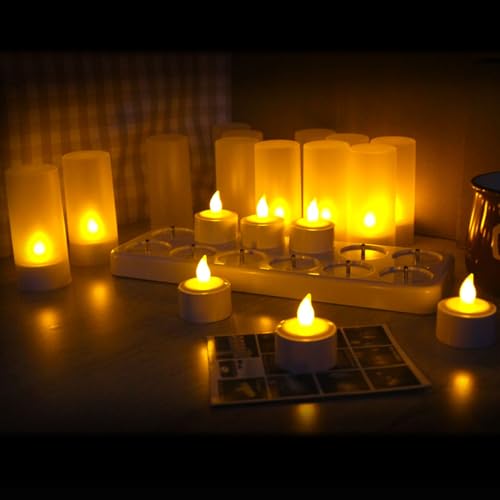 QSPORTPEAK LED Ricaricabile Tealight senza fiamma, 12 pezzi Tealight tremolante con stazione di ricarica e tazze di candela, decorazione regalo per festa, Halloween, Natale, giallo (senza telecomando)