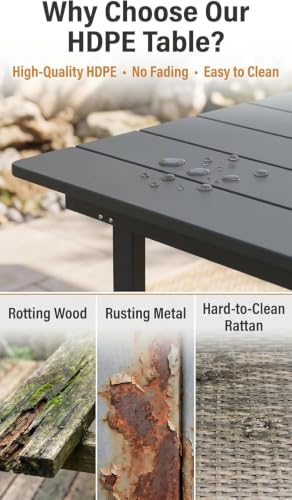 Image of Amopatio HDPE Patio Outdoor Dining Table for 6 All Weather Rectangular Table with Umbrella Hole for Porch Deck Garden Backyard Poolside