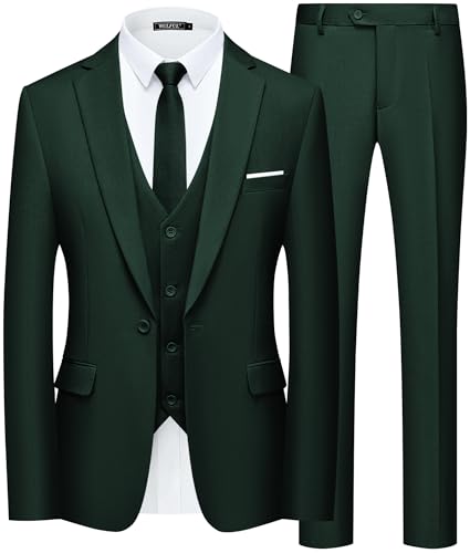 Image of WULFUL Men's Slim Fit Suit One Button 3-Piece Blazer Dress Business Wedding Party Jacket Vest & Pant