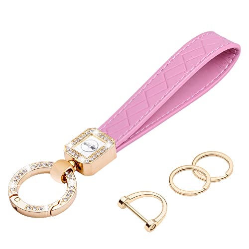 wisdompro Bling Leather Car Keychain, Universal Microfiber Leather Key FOB Keychain, Key Chain Holder with Sparkly Rhinestones and Anti-lost D-Ring for Men, Women - Pink