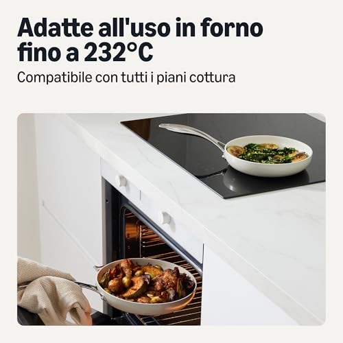 Amazon Basics Padelle Antiaderenti in Ceramica, Set di 3 Pezzi, Adatte a Tutti i Piani Cottura, Lavabili in Lavastoviglie, Grigio Lino - Immagine 2