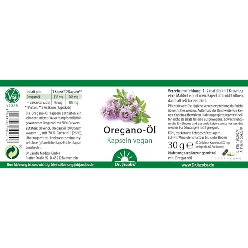 Oregano-Öl-Kapseln von Dr. Jacob’s, vegan, 36 g Dose