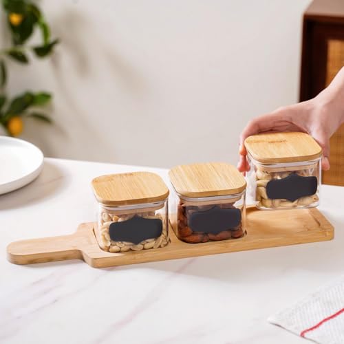 Image of Nestasia Set of 3 Clear Glass Square Snack Serving Jars with Tray | Containers for Stylish Snack Presentation, Organization and Gifting Purposes (350ml)
