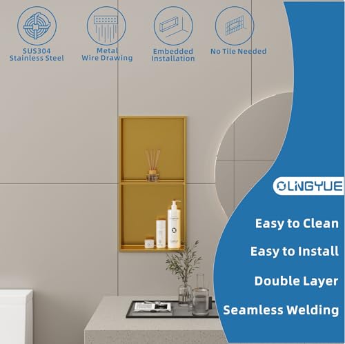 OLNGYUE Shower Niche No Tile Needed: Stainless Steel Double Layer - 12"x24" Recessed Wall Niches shelves for Bathroom kitchen Toilet Storage - Brushed Gold by OLNGYUE - Image 2