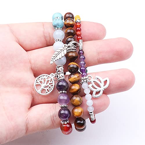 Ueuc Natural Gemstone Chakra Bracelets For Women, Multilayer Tree Of Life Lotus Crystal Healing Stone Bracelet Sets, Yoga Meditation Reiki Relax Bracelets For Stress Relief(#119) #TOP3