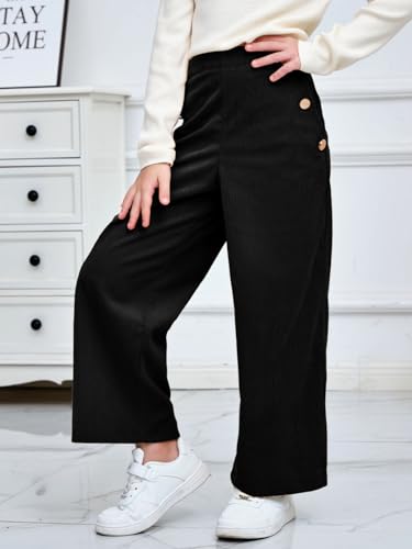 Image of Haloumoning Girls Wide Leg Corduroy Pants Kids Elastic Waist Gold Button Trousers with Pockets 5-14 Years