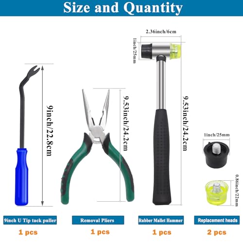 Image of 5Pcs Upholstery Staple Remover Tool Set Including U Tip Tack Puller,Dual Head Mallet Hammer(Soft Rubber) with Replacement Head，Removal Pliers for Furniture Floor Photo Frame