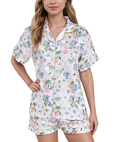 HINFEL Women Y2k Preppy Pajamas Set Button Down Monkey Vaction Sleepwear Loungewear Pjs for Jammies Party Christmas Thanksgiving Gift(Pool Party, Small)