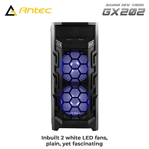 Image of Antec GX202 Mid-Tower ATX Computer Cabinet /Gaming Case | 3 HDD and 4 SSD mounts |13.34 cm (5.25 inch) Optical Drive Bay with 2 x 120mm Blue LED Fans in Front & 1 x 120mm Regular Fan in Rear