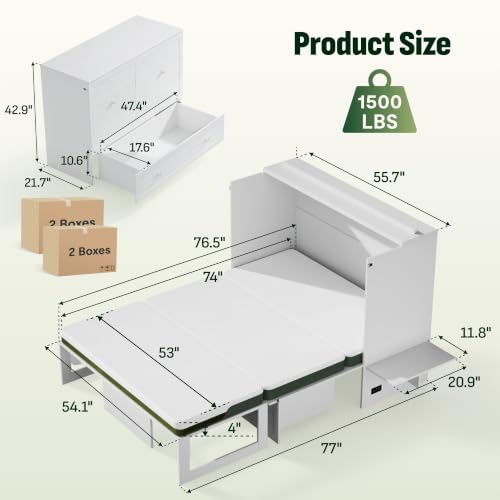 Image of Softa Full Murphy Bed Cabinet with 4 inch Tri-Fold Mattress, Storage Drawer & Charging Station, 1200 Lb Heavy Duty Wood Wall Bed with Fold-Down Desk for Guest Room & Home Office, No Box Spring Needed