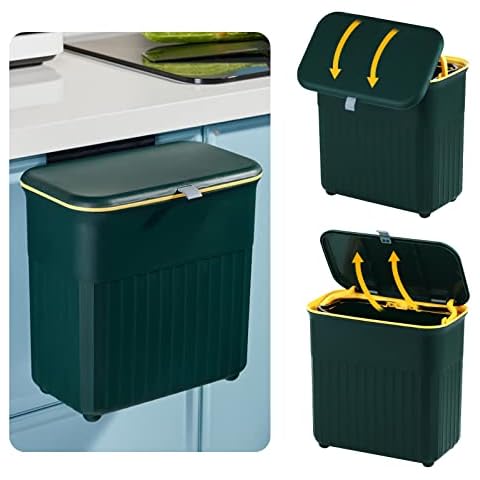 KWANITHINK Hanging Kitchen Bin with Lid, Cupboard Bins for Kitchen Cabinet Door, Trash Can Waste Bins Under Sink Counter Top, Trash Bin for Bedroom Bathroom Office Motorhome 9L Cover